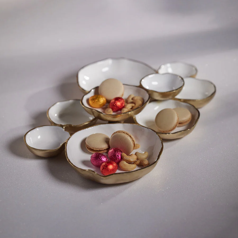 Cluster of Nine Round Serving Bowls Gold/White 19"