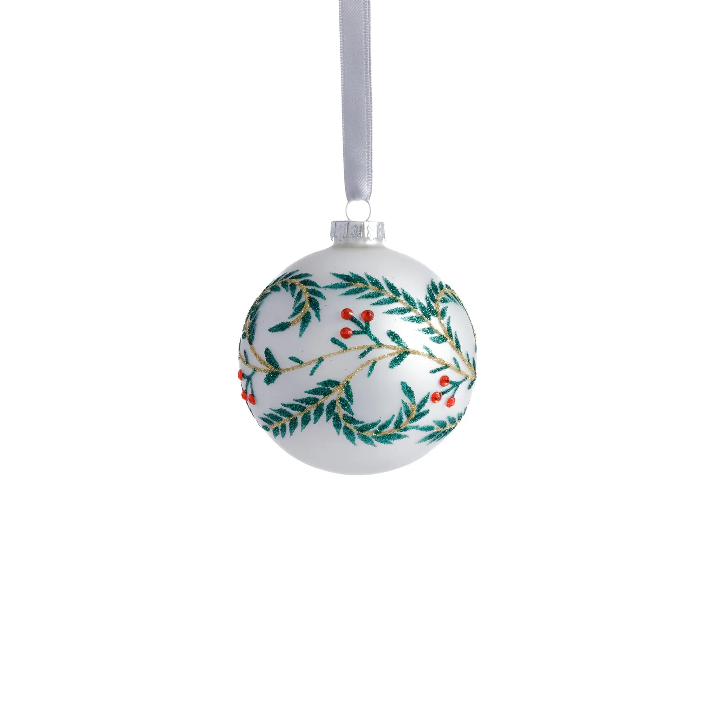 Metallic White Glass Ball Ornament w/ Green Leaf Detail