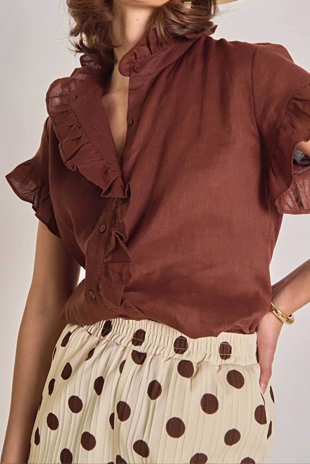 Linen Ruffle Shirt Choc Brown