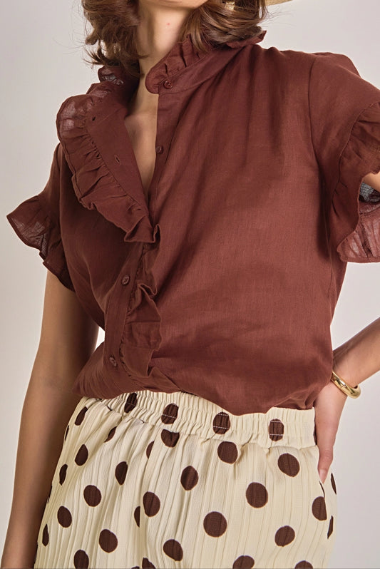 Linen Ruffle Shirt Choc Brown