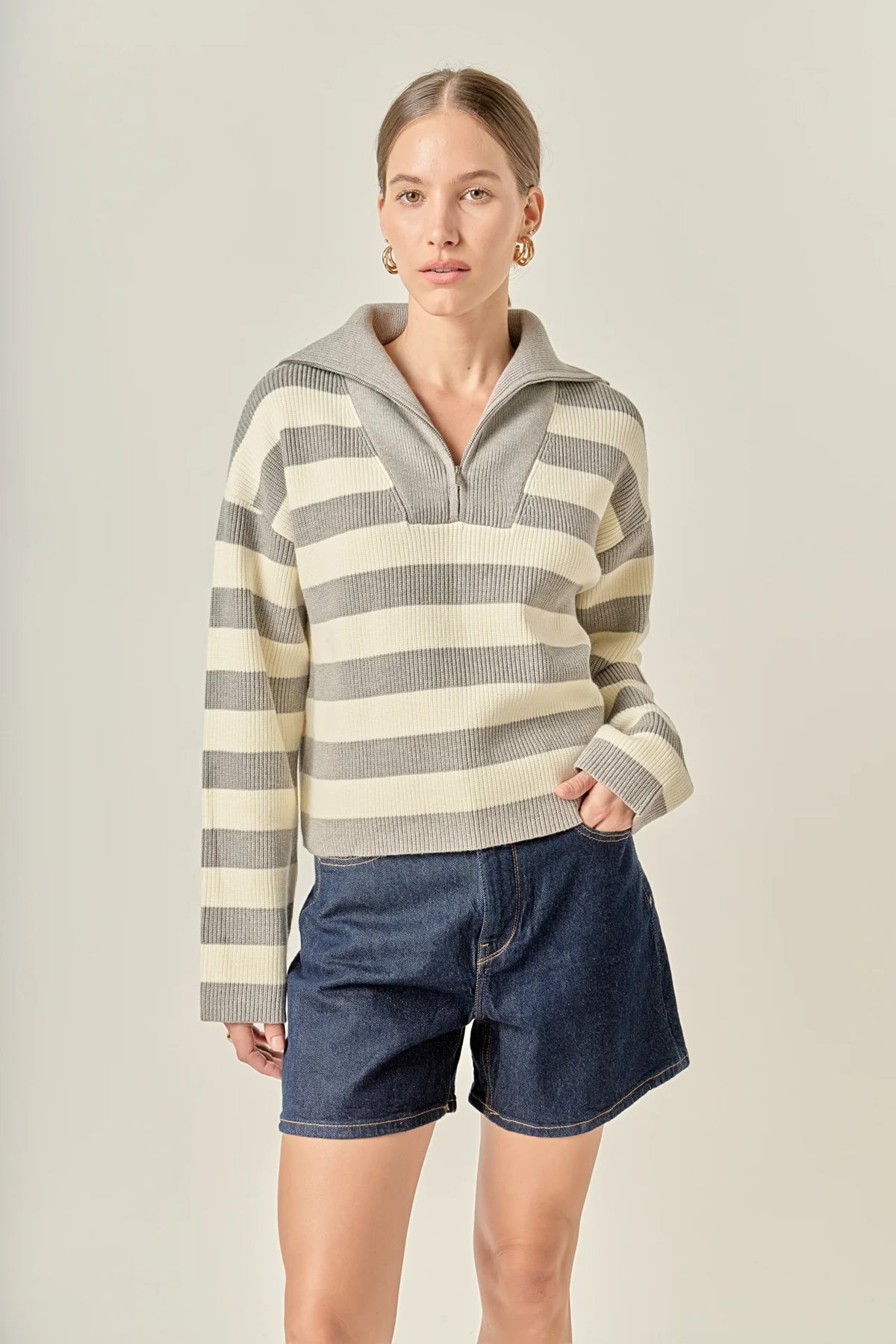 Striped Half Zip Grey/Ivory