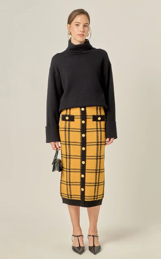 Knit Check Plaid Midi Skirt