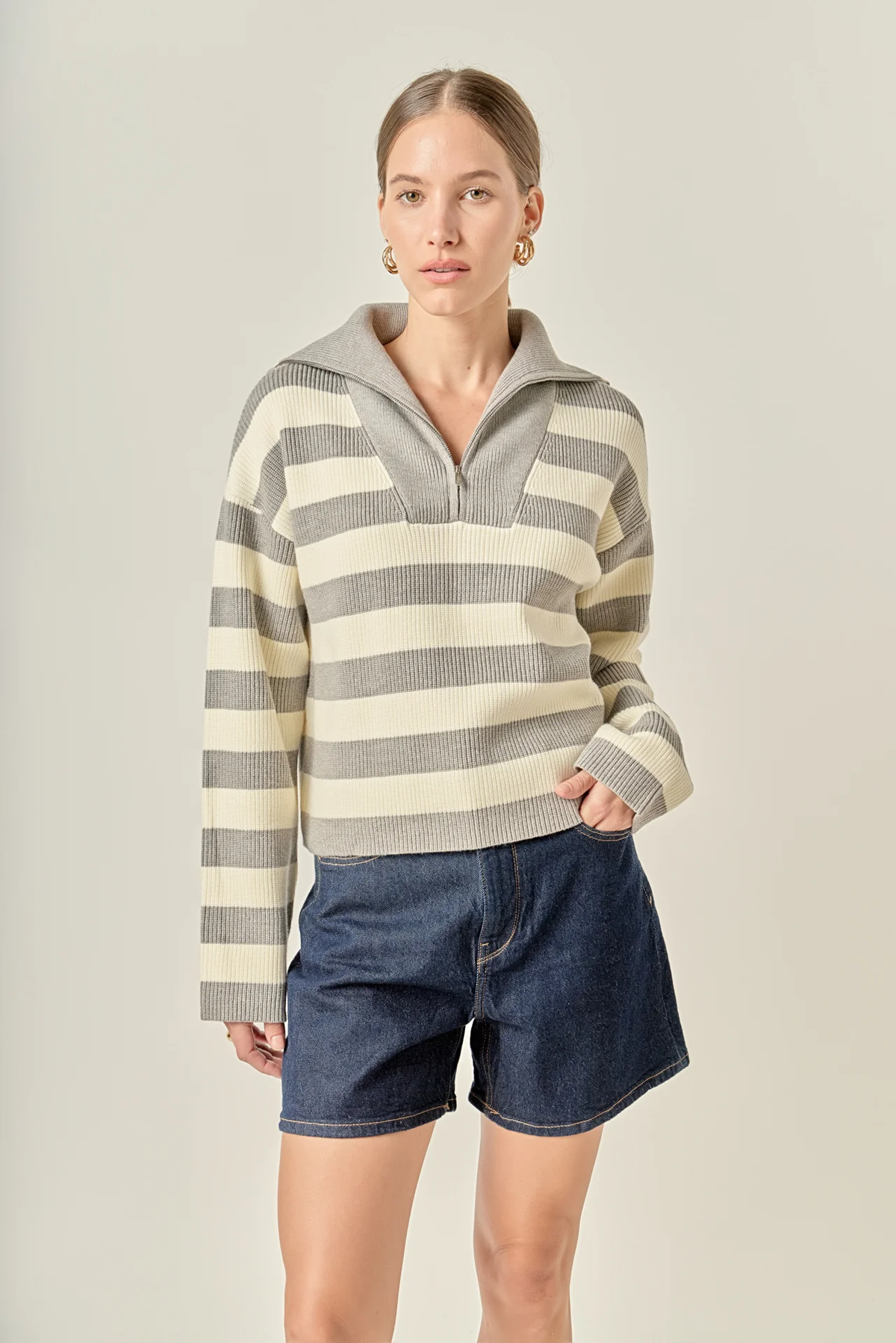 Striped Half Zip Grey/Ivory