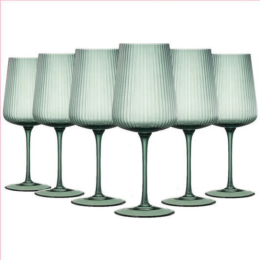 Ribbed Soft Green Wine Glasses Set 6