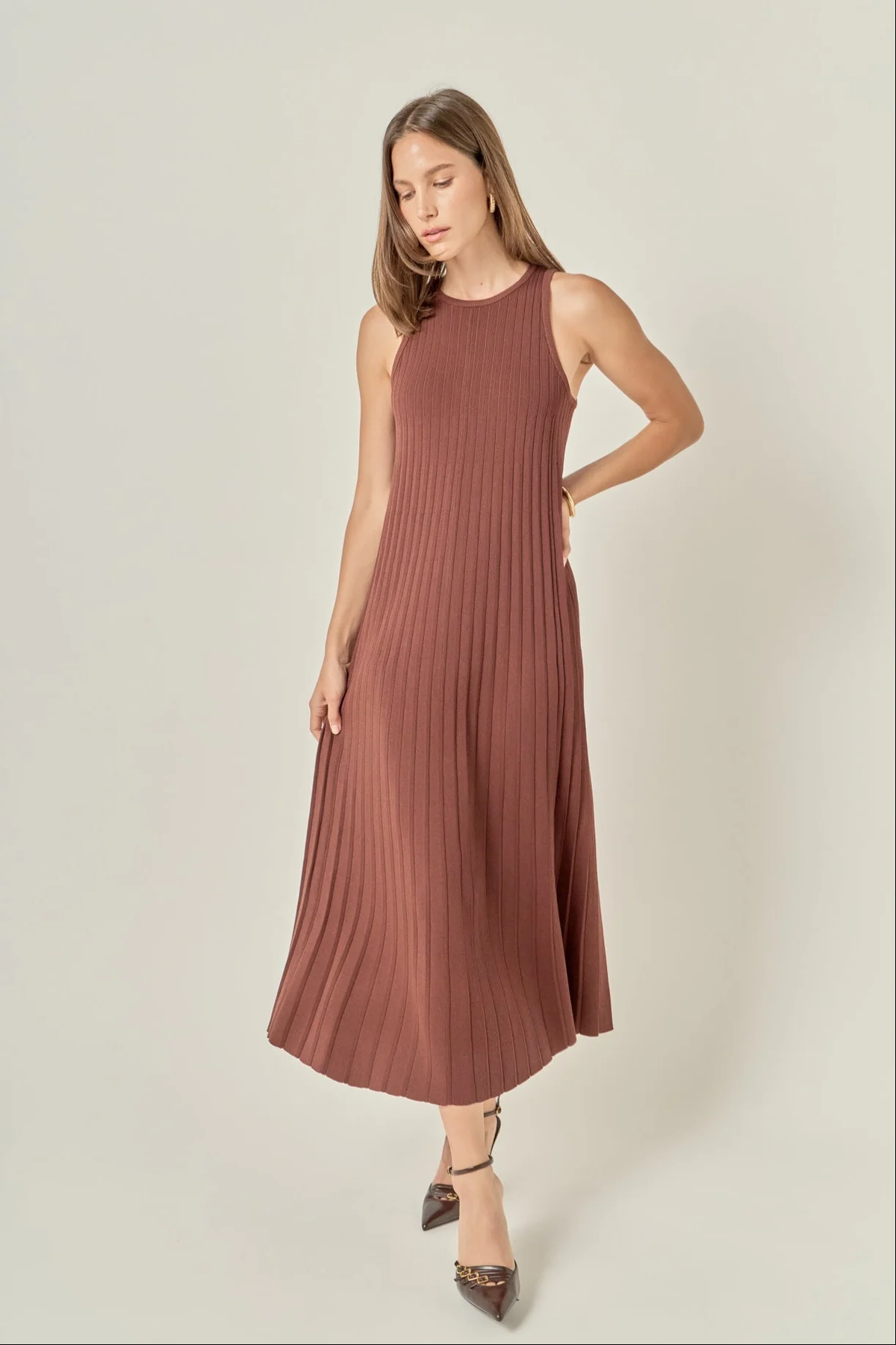 Pleated A Line Knit Midi Dress