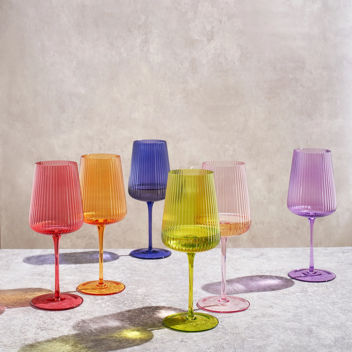 Ribbed Bright Colored Wine Glasses Set 6