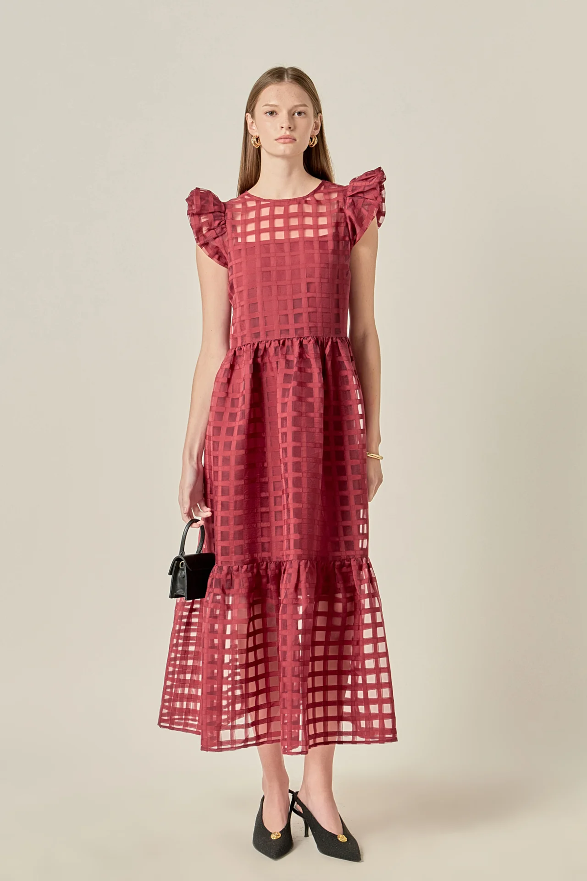 Organza Midi Dress, Maroon