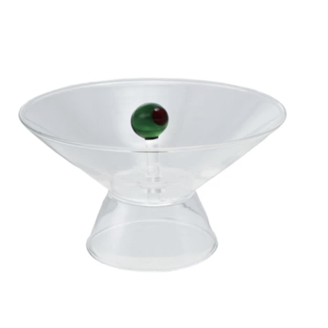 Footed Glass Bowl w/ Olive Inside, Green/Red