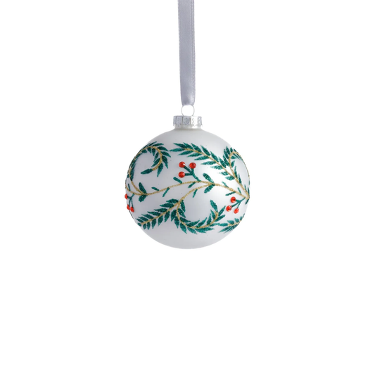 Metallic White Glass Ball Ornament w/ Green Leaf Detail