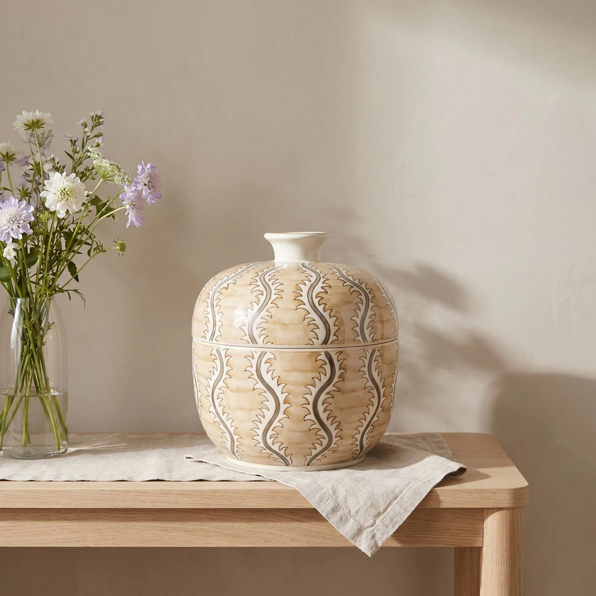 Hand Painted Jar, Brown and White Design