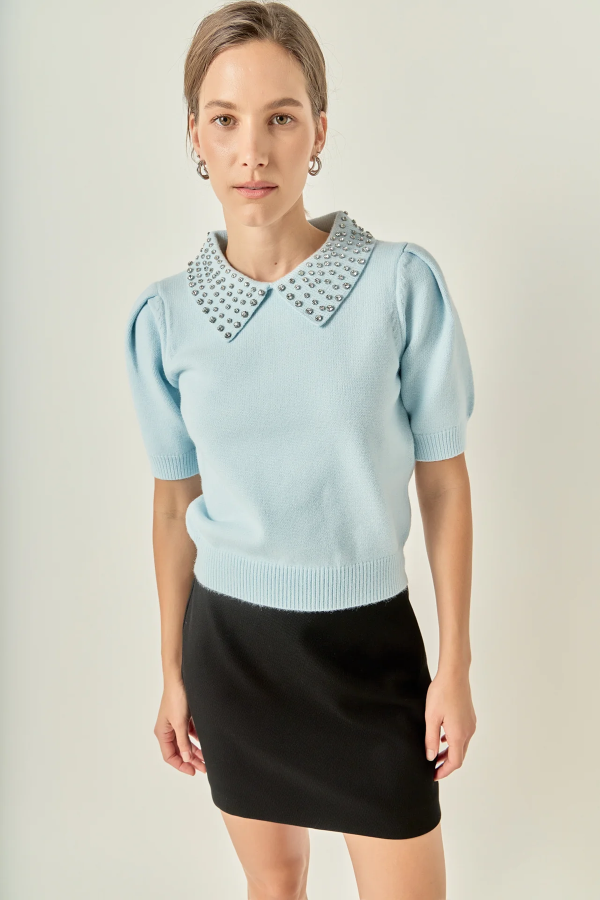 Rhinestone Puff Knit Top, Lt Blue