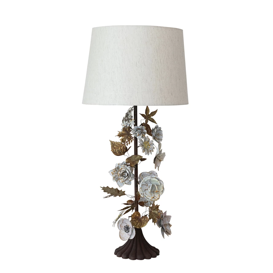 Metal Toleware Floral Lamp w/ Linen Shade